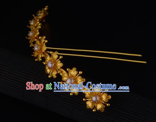 China Ancient Princess Golden Hairpin Handmade Traditional Ming Dynasty Pearls Hair Crown