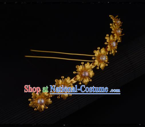 China Ancient Princess Golden Hairpin Handmade Traditional Ming Dynasty Pearls Hair Crown