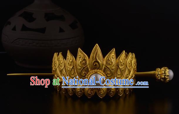 China Ancient Nobility Childe Hairpin Handmade Traditional Ming Dynasty Prince Golden Lotus Hairdo Crown