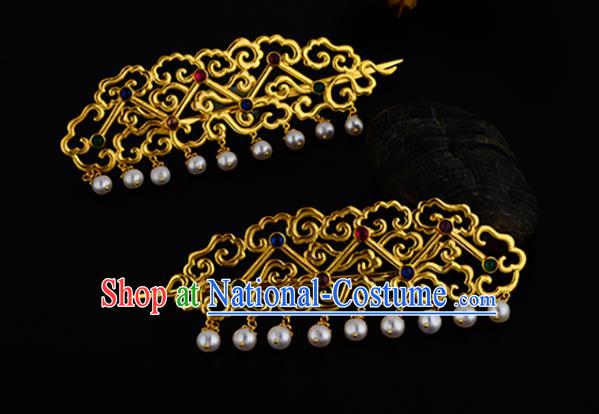 China Ancient Empress Pearls Hairpin Handmade Traditional Ming Dynasty Imperial Consort Golden Hair Stick