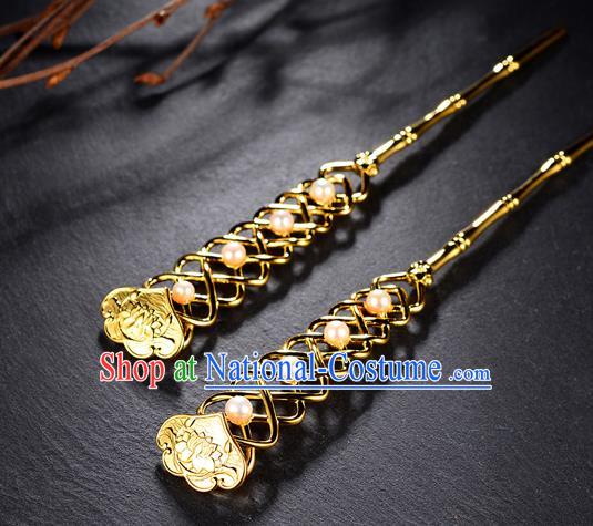 China Ancient Imperial Empress Golden Hairpin Handmade Traditional Tang Dynasty Pearls Hair Stick