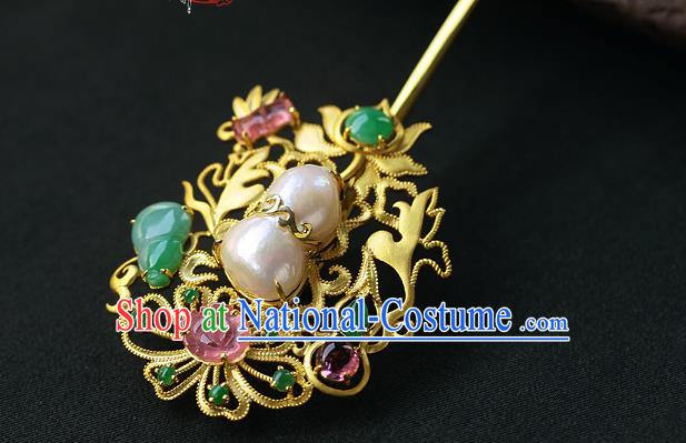 China Ancient Empress Pearls Gems Hairpin Handmade Traditional Ming Dynasty Court Hair Stick