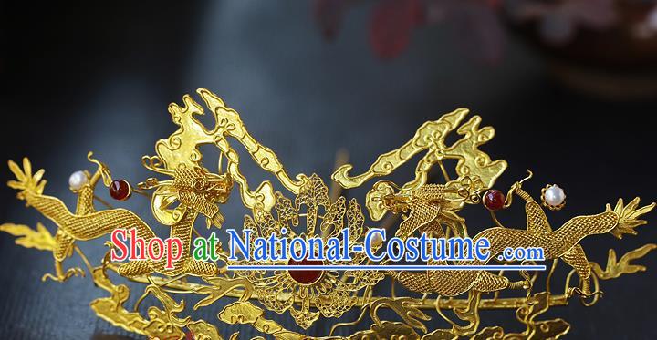 China Ancient Empress Agate Hairpin Handmade Traditional Ming Dynasty Golden Dragons Hair Crown