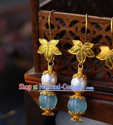 Chinese Traditional Qing Dynasty Court Earrings Ancient Imperial Consort Aquamarine Ear Accessories