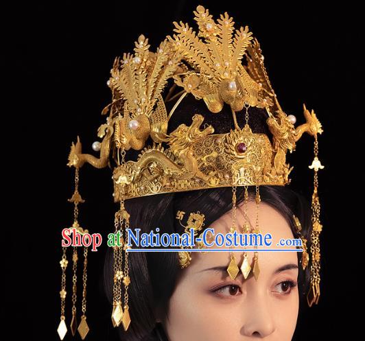 China Ancient Empress Golden Phoenix Coronet Handmade Traditional Ming Dynasty Wedding Hair Crown