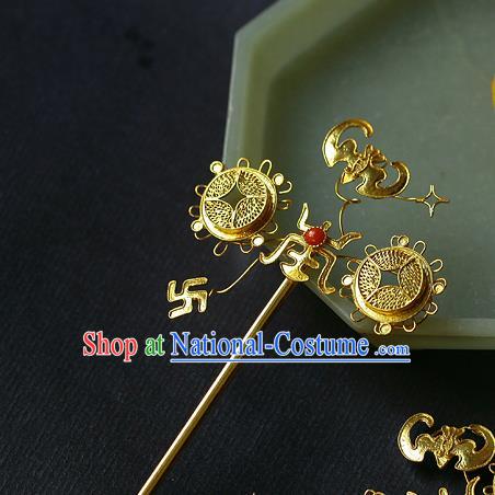 China Ancient Imperial Concubine Golden Bat Hairpin Handmade Traditional Ming Dynasty Filigree Hair Stick Jewelry