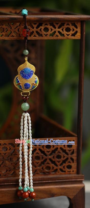 Chinese Traditional Qing Dynasty Pearls Tassel Brooch Ancient Empress Filigree Gourd Pendant Accessories