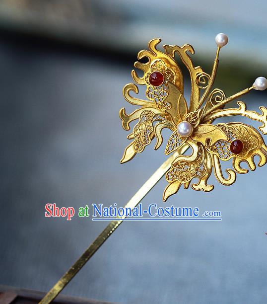 China Ancient Royal Queen Agate Pearls Hairpin Handmade Traditional Ming Dynasty Filigree Butterfly Hair Jewelry