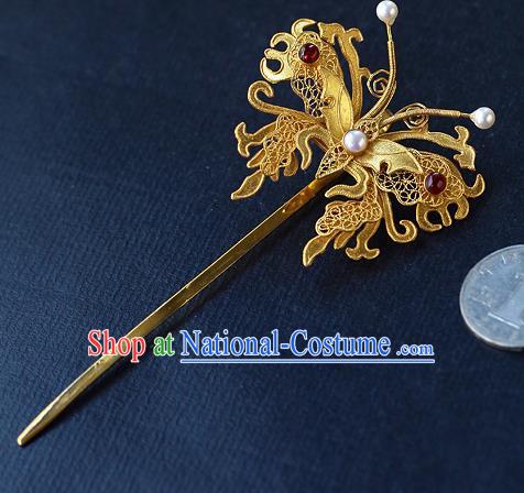 China Ancient Royal Queen Agate Pearls Hairpin Handmade Traditional Ming Dynasty Filigree Butterfly Hair Jewelry