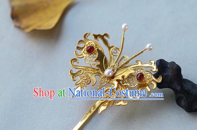 China Ancient Royal Queen Agate Pearls Hairpin Handmade Traditional Ming Dynasty Filigree Butterfly Hair Jewelry