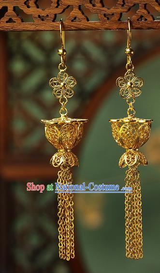 Chinese Traditional Filigree Earrings Ancient Imperial Consort Golden Lantern Tassel Ear Accessories