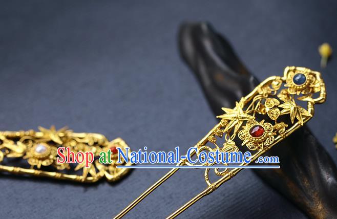 China Handmade Ancient Palace Lady Hairpin Traditional Qing Dynasty Golden Bamboo Hair Stick