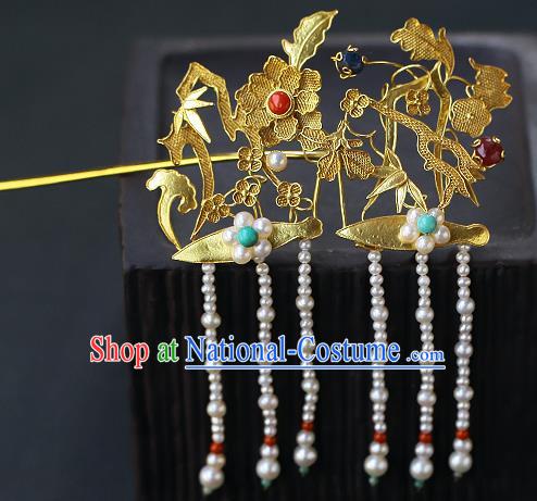 China Ancient Queen Filigree Hairpin Handmade Traditional Ming Dynasty Pearls Tassel Hair Stick