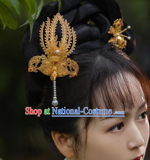 China Handmade Ancient Noble Lady Tassel Hairpin Traditional Ming Dynasty Filigree Phoenix Hair Stick