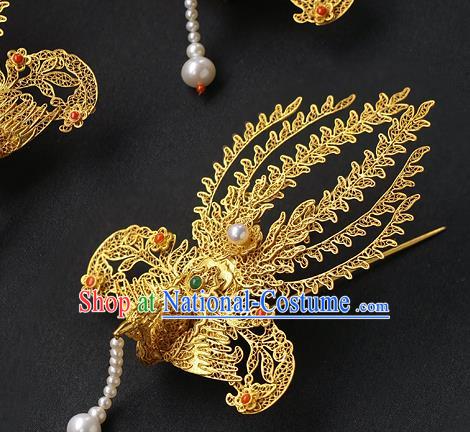 China Handmade Ancient Noble Lady Tassel Hairpin Traditional Ming Dynasty Filigree Phoenix Hair Stick