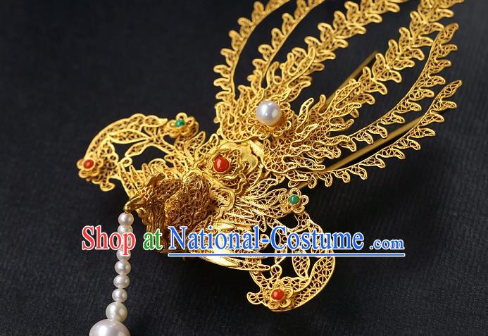 China Handmade Ancient Noble Lady Tassel Hairpin Traditional Ming Dynasty Filigree Phoenix Hair Stick