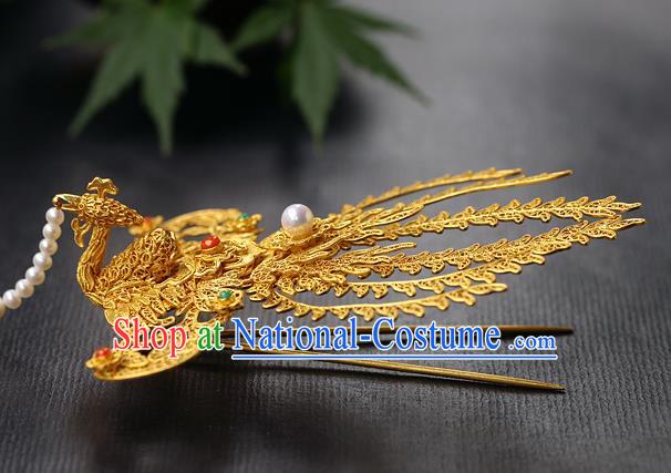 China Handmade Ancient Noble Lady Tassel Hairpin Traditional Ming Dynasty Filigree Phoenix Hair Stick