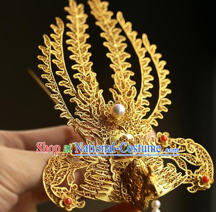 China Handmade Ancient Noble Lady Tassel Hairpin Traditional Ming Dynasty Filigree Phoenix Hair Stick