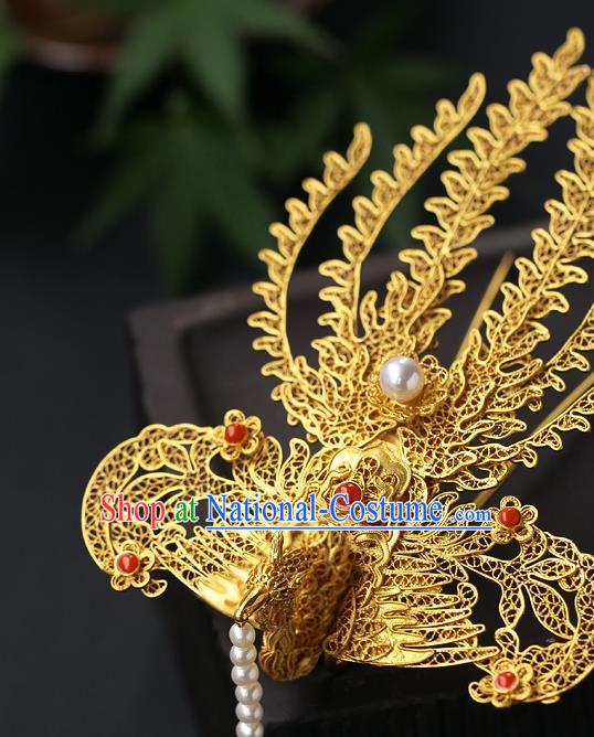 China Handmade Ancient Noble Lady Tassel Hairpin Traditional Ming Dynasty Filigree Phoenix Hair Stick