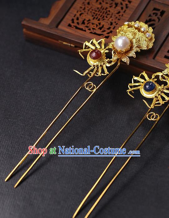 China Ancient Empress Gems Hairpin Traditional Ming Dynasty Golden Crab Hair Stick