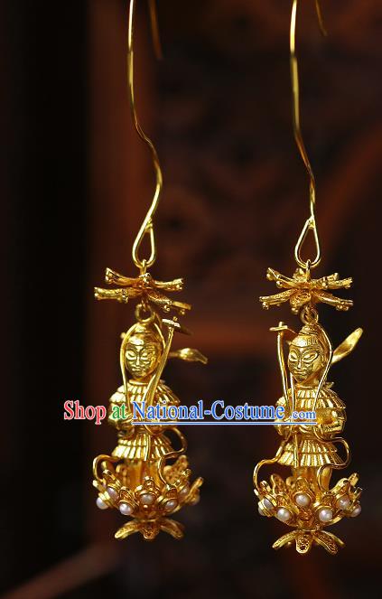 Chinese Traditional Sui Dynasty Princess Earrings Ancient Palace Lady Golden God Ear Accessories