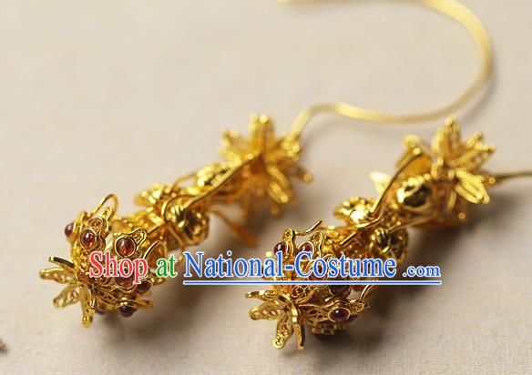 Chinese Ancient Palace Lady Golden God Ear Accessories Traditional Sui Dynasty Princess Garnet Earrings