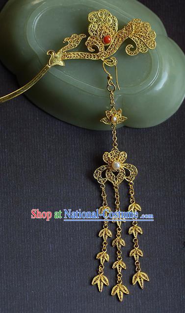 China Ancient Court Woman Golden Tassel Hairpin Handmade Traditional Tang Dynasty Filigree Hair Stick