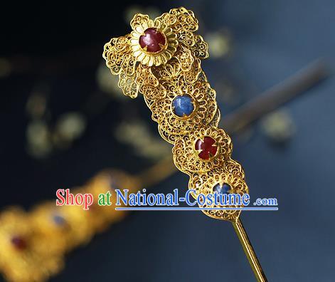 China Ancient Court Beauty Gems Headpiece Traditional Ming Dynasty Empress Filigree Peony Hairpin