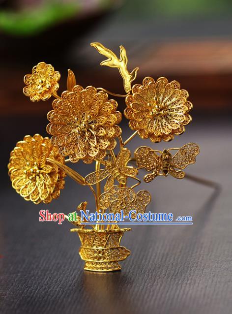 China Ancient Royal Rani Hair Stick Traditional Ming Dynasty Court Filigree Chrysanthemum Hairpin