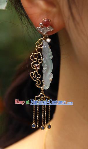 Chinese Handmade Crystal Tassel Ear Accessories Traditional Cheongsam Jadeite Earrings