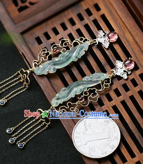 Chinese Handmade Crystal Tassel Ear Accessories Traditional Cheongsam Jadeite Earrings