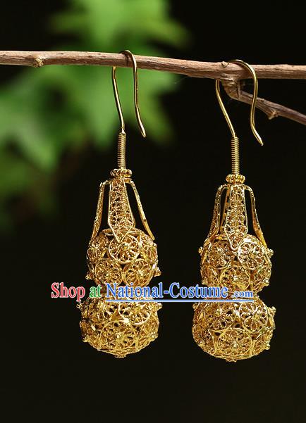 Chinese Handmade Filigree Ear Accessories Traditional Cheongsam Golden Gourd Earrings