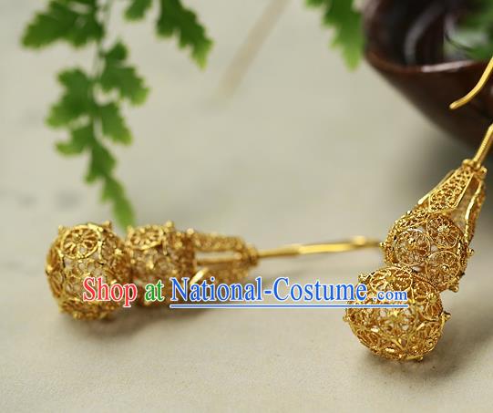 Chinese Handmade Filigree Ear Accessories Traditional Cheongsam Golden Gourd Earrings