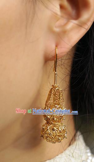 Chinese Handmade Filigree Ear Accessories Traditional Cheongsam Golden Gourd Earrings