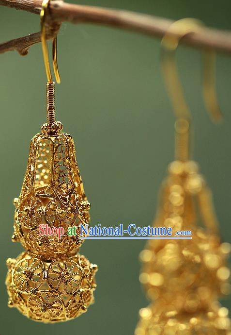 Chinese Handmade Filigree Ear Accessories Traditional Cheongsam Golden Gourd Earrings