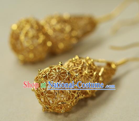 Chinese Handmade Filigree Ear Accessories Traditional Cheongsam Golden Gourd Earrings