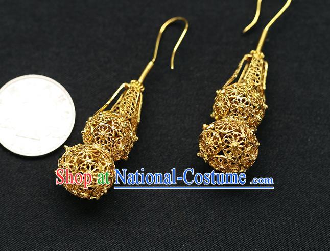 Chinese Handmade Filigree Ear Accessories Traditional Cheongsam Golden Gourd Earrings