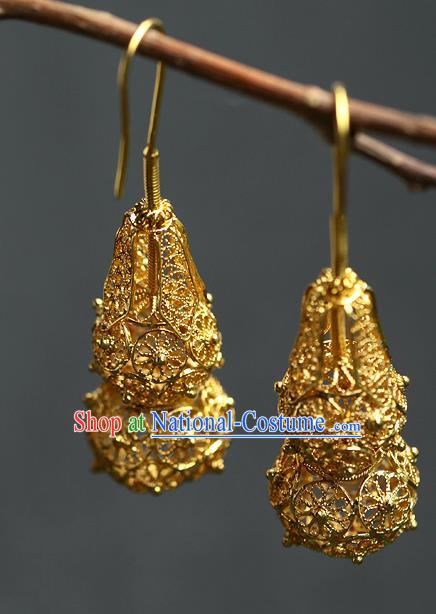 Chinese Handmade Filigree Ear Accessories Traditional Cheongsam Golden Gourd Earrings