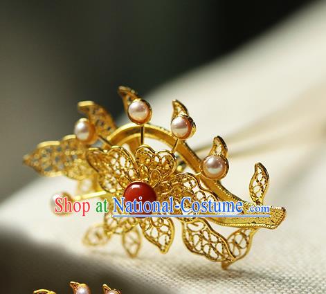 China Ancient Court Filigree Hair Jewelry Traditional Ming Dynasty Pearls Hairpin