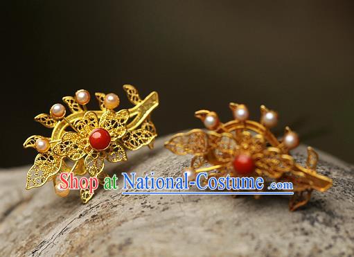 China Ancient Court Filigree Hair Jewelry Traditional Ming Dynasty Pearls Hairpin