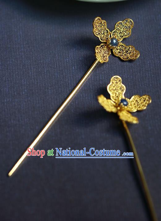 China Ancient Queen Sapphire Hair Stick Traditional Ming Dynasty Filigree Orchid Hairpin