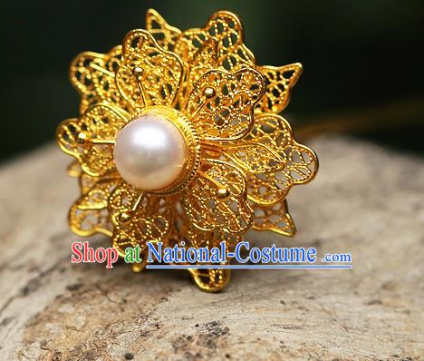 China Ancient Court Lady Pearl Hair Jewelry Traditional Song Dynasty Filigree Peony Hairpin