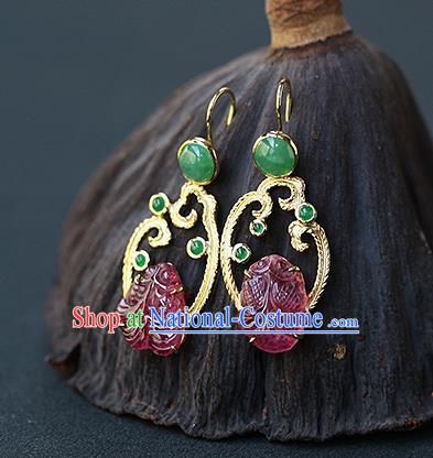 Chinese Handmade Jadeite Ear Accessories Traditional Cheongsam Tourmaline Goldfish Earrings