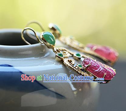 Chinese Handmade Jadeite Ear Accessories Traditional Cheongsam Tourmaline Goldfish Earrings