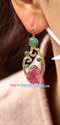 Chinese Handmade Jadeite Ear Accessories Traditional Cheongsam Tourmaline Goldfish Earrings