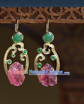 Chinese Handmade Jadeite Ear Accessories Traditional Cheongsam Tourmaline Goldfish Earrings