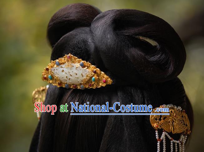 China Ancient Court Gems Hair Jewelry Traditional Ming Dynasty Empress Jade Golden Hairpin