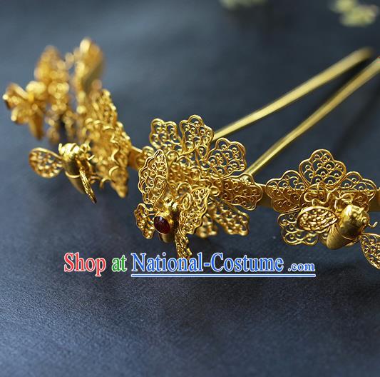 China Ancient Empress Ruby Hair Crown Traditional Ming Dynasty Court Filigree Butterfly Hairpin