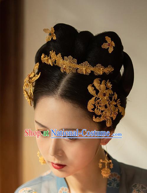 China Ancient Empress Ruby Hair Crown Traditional Ming Dynasty Court Filigree Butterfly Hairpin