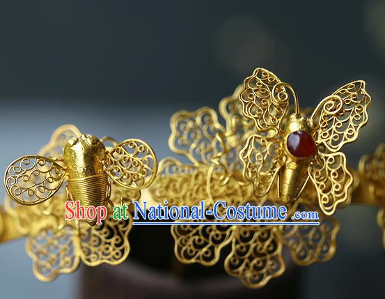 China Ancient Empress Ruby Hair Crown Traditional Ming Dynasty Court Filigree Butterfly Hairpin